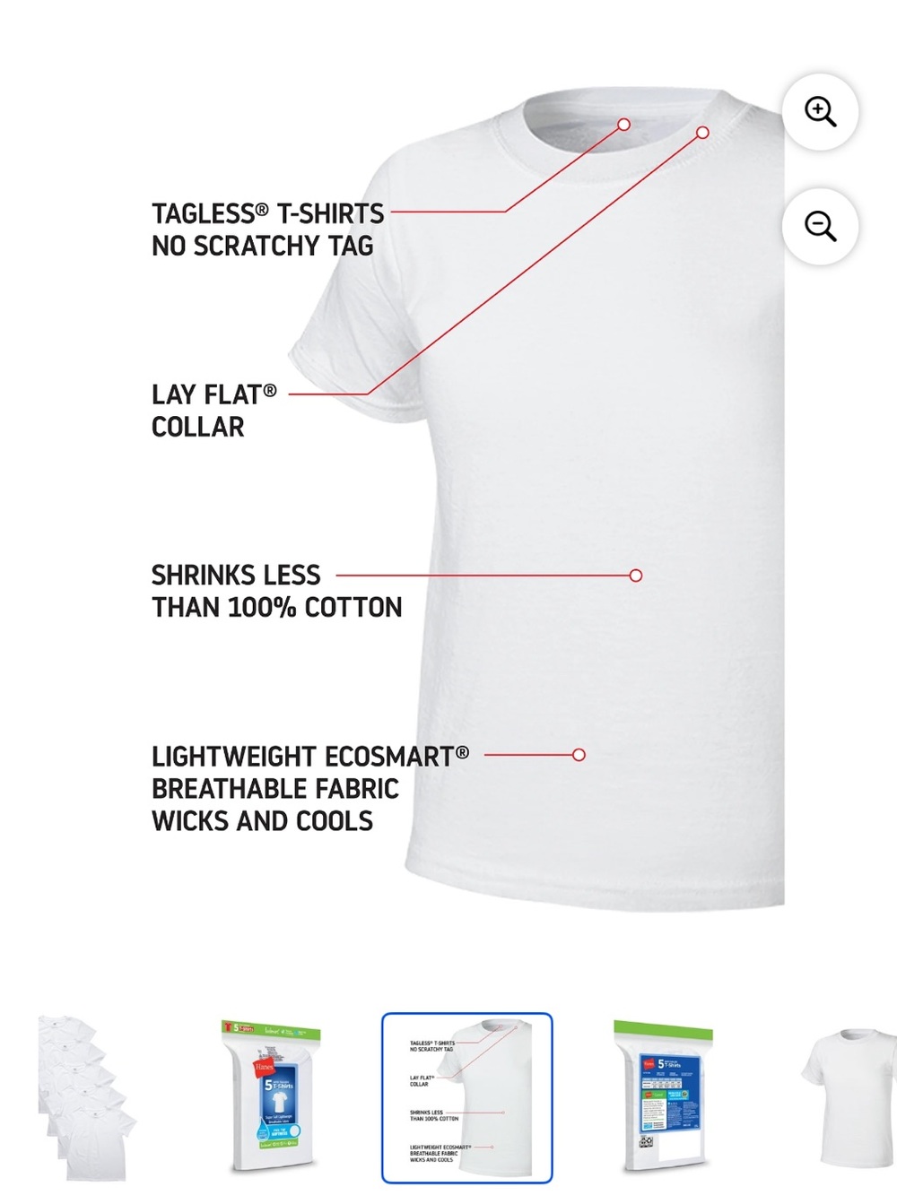 Hanes Boys 5-Pack Tagless T-Shirts - White
